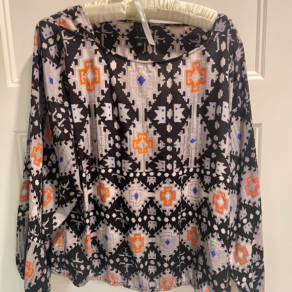 Ella Moss Geometric Print Blouse - Black, Orange, Blue, Gray - Picture 1 of 4